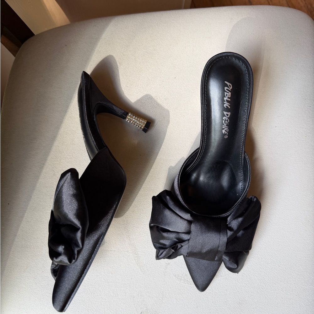 Public Desire Black Satin Pointed Bow Mules with Embellished Heel